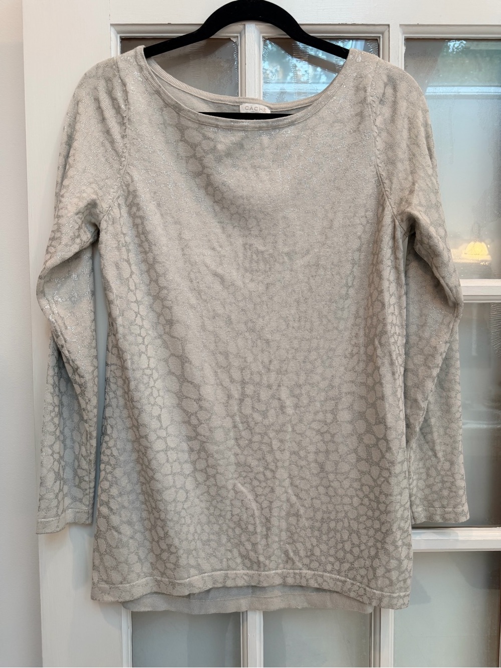 Vintage Caché Y2K Light Dove Gray Metallic Leopard Print Long Sleeve Top Size M